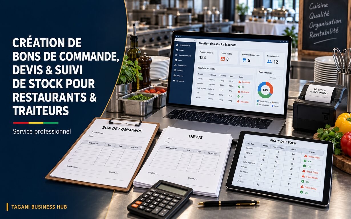 Création de bons de commande, devis et suivi de stock pour restaurants et traiteurs