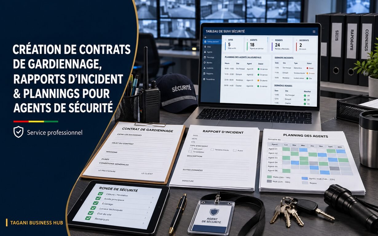 Création de contrats de gardiennage, rapports d’incident et plannings pour agents de sécurité