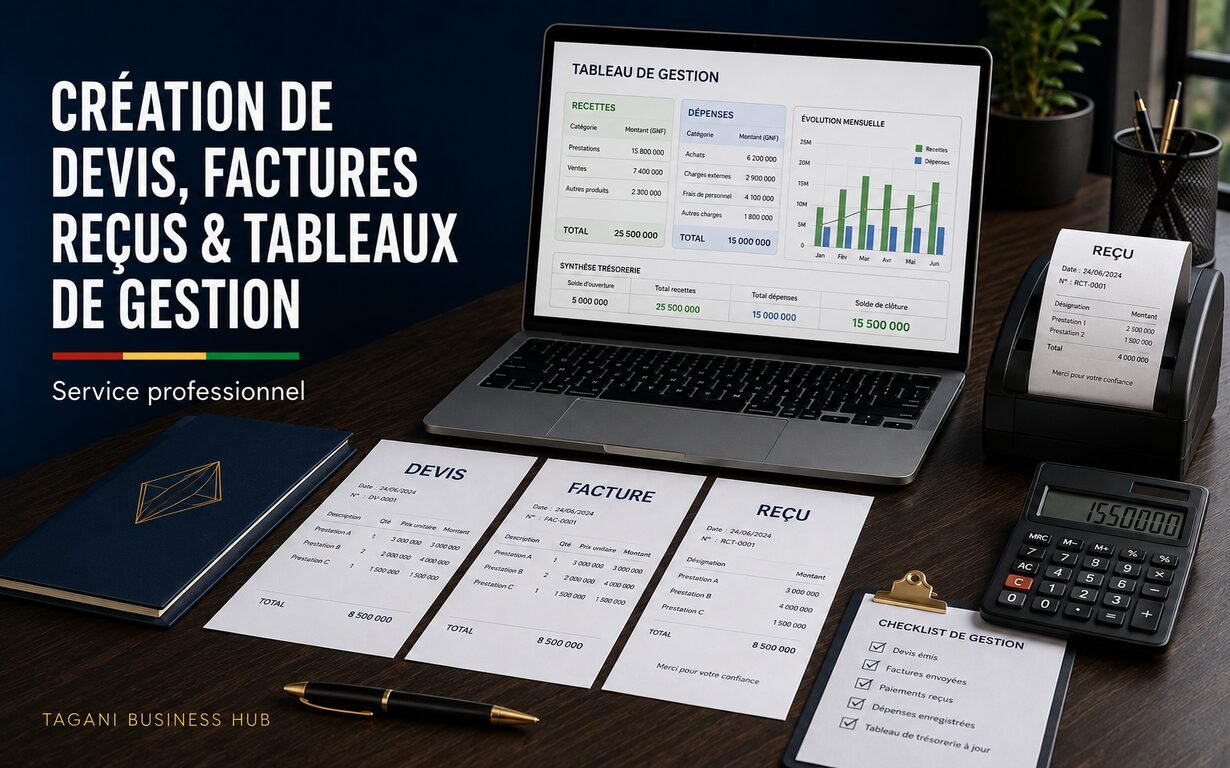Création de devis, factures, reçus et tableaux de gestion